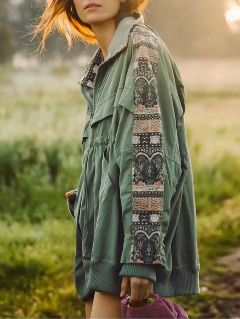 Free People She Fly Olive Jacket with Embroidered Sleeves | Size S |